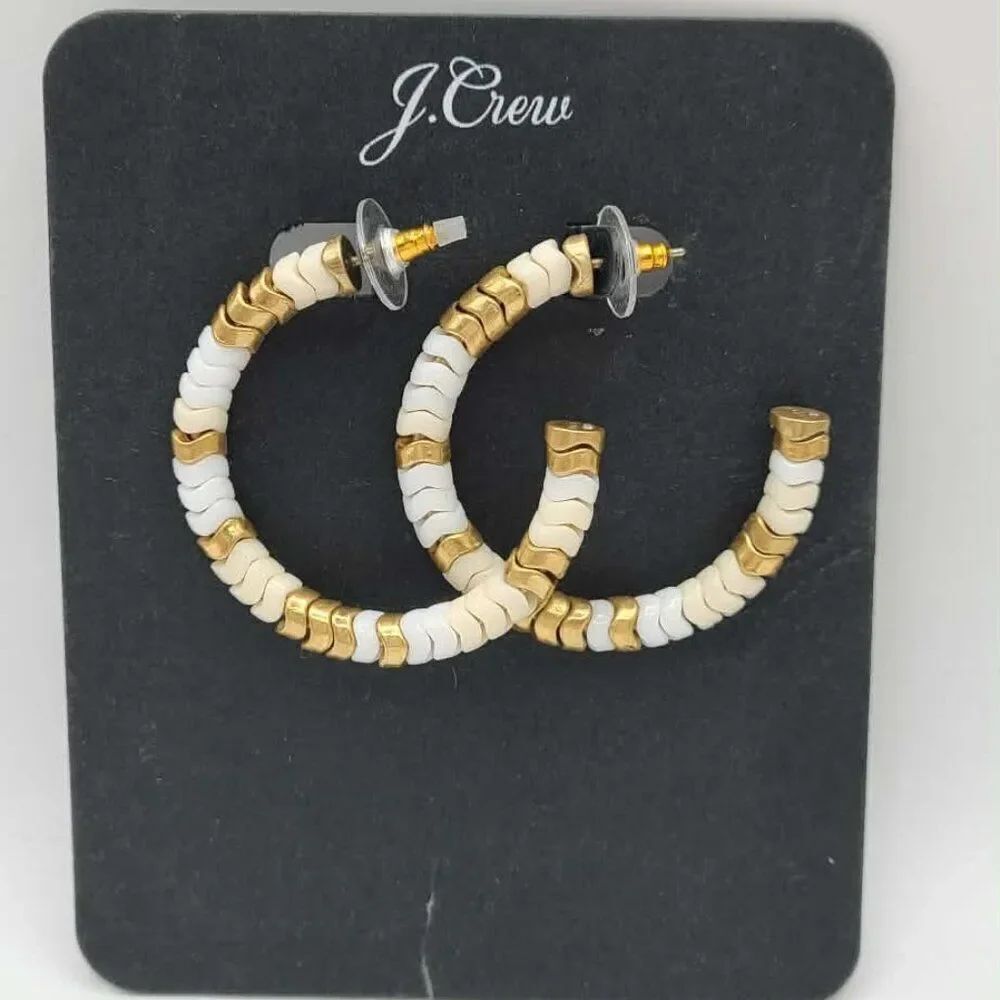 J Crew White Gold Tone Beaded Large Hoop Stud Earrings NWT!